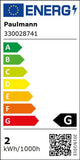 Energieeffizienzlabel der Paulmann LED Kerze, zeigt Klasse G und Verbrauch von 2 kWh/1000h.