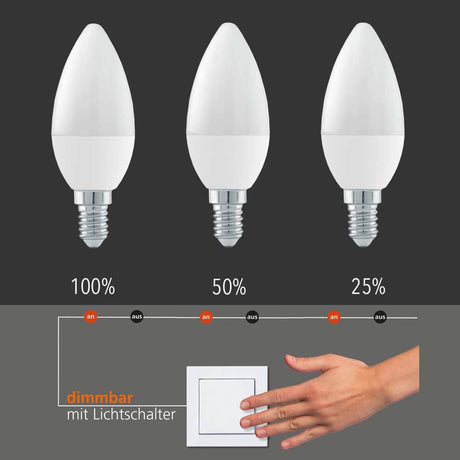 E14 LED Dimmable par interrupteur blanc chaud 3000 K 470 lm 4,9 W avec 3 niveaux de luminosité 100 %, 50 % et 25 %.