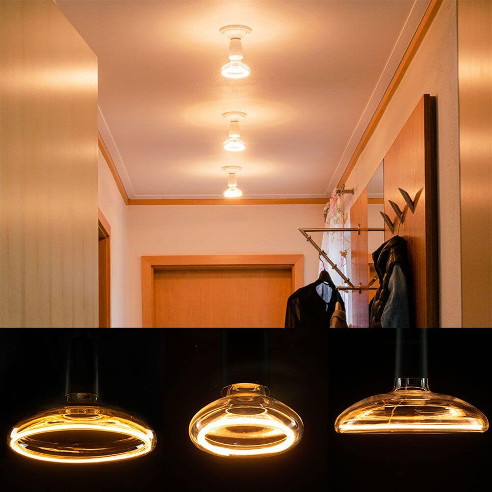E14 & E27 LED Floating Reflektor Extra Warmweiß 1900K Dimmbar im modernen Wohnraum mit unterschiedlichen Leuchtkörpern.