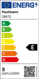 Energielabel für Paulmann LED-Lampe, Energieeffizienzklasse E, Verbrauch 5 kWh/1000h.