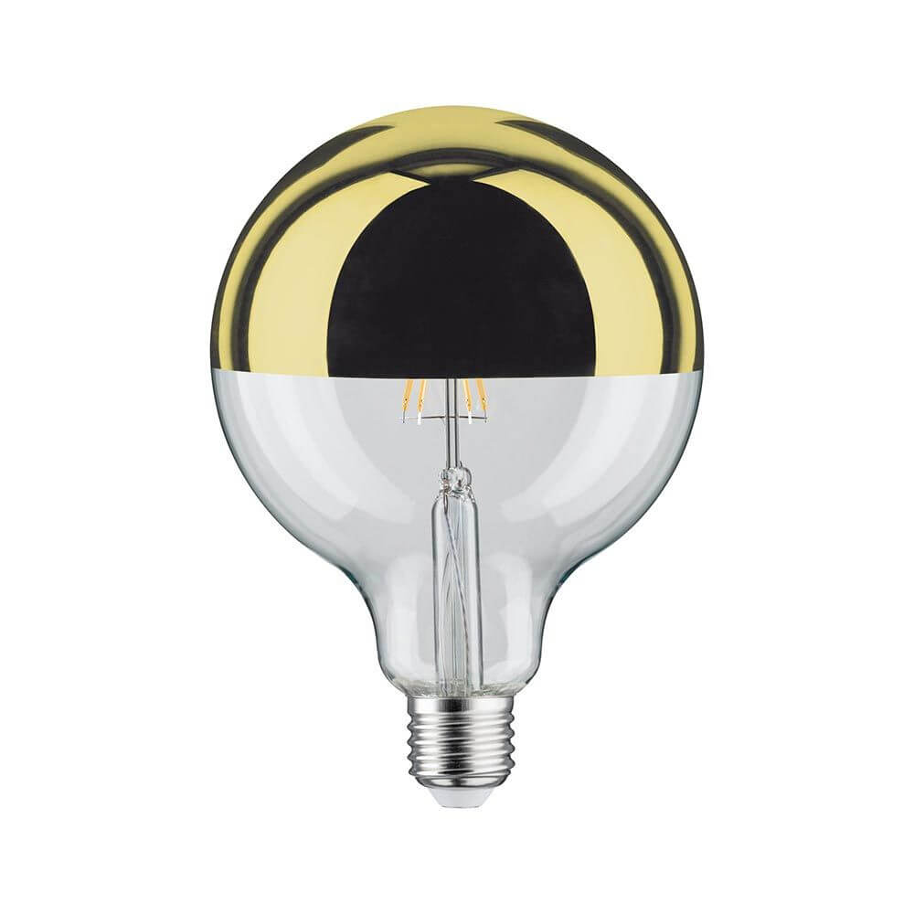 E27 6,5W LED Globe Kopfspiegel 2700K Dimmbar Gold mit goldener Oberseite und klarem Glas.