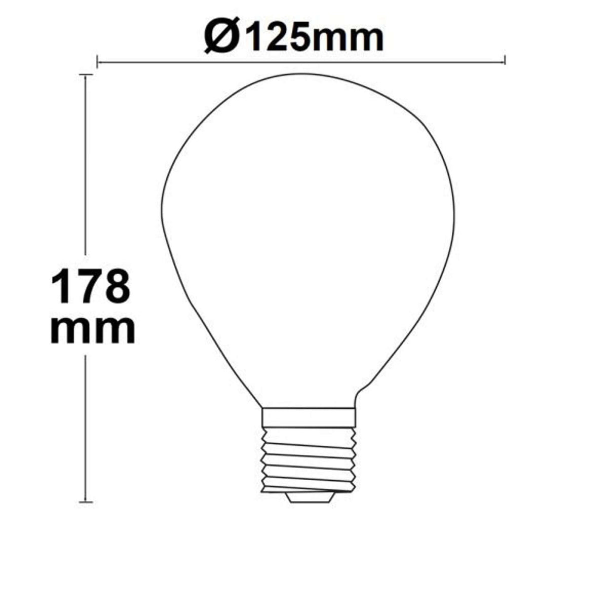 E27 LED Globe Ø12,5cm Dimmbar 4W extra Warmweiß 2200K mit Abmessungen  Ø125mm und Höhe 178mm.
