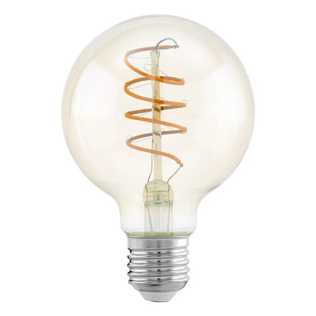 E27 LED Spirale Ø 8cm Extra Warmweiß 2200K 260lm 4W mit amberfarbenem Glas im Vintage-Design.