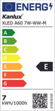 Energielabel für Kanlux XLED A60 7W-WW-M mit Energieeffizienzklasse E und Verbrauchsinformationen.