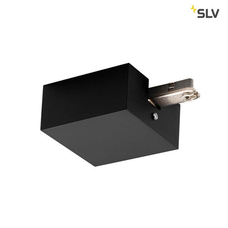 Connecteur d’alimentation pour rail électrique D-Track 2 phases noir avec boîtier, compact et moderne, pour systèmes haute tension.