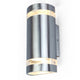 Edelstahl-Außenleuchte Focus IP44 Edelstahl an der Wand montiert, modernes Design, stilvolle Metalloberfläche mit Lichtauslass.
