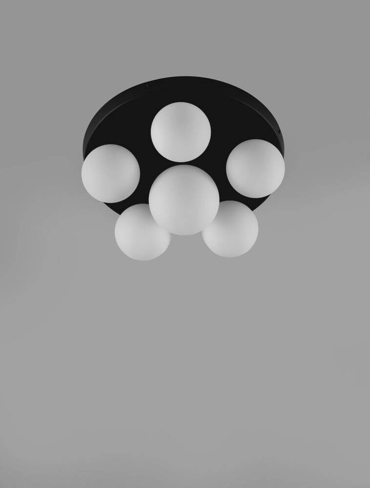 Edem Deckenleuchte 6-flammig Ø 35cm Schwarz, Weiß mit modernen Milchglas-Kugeln.