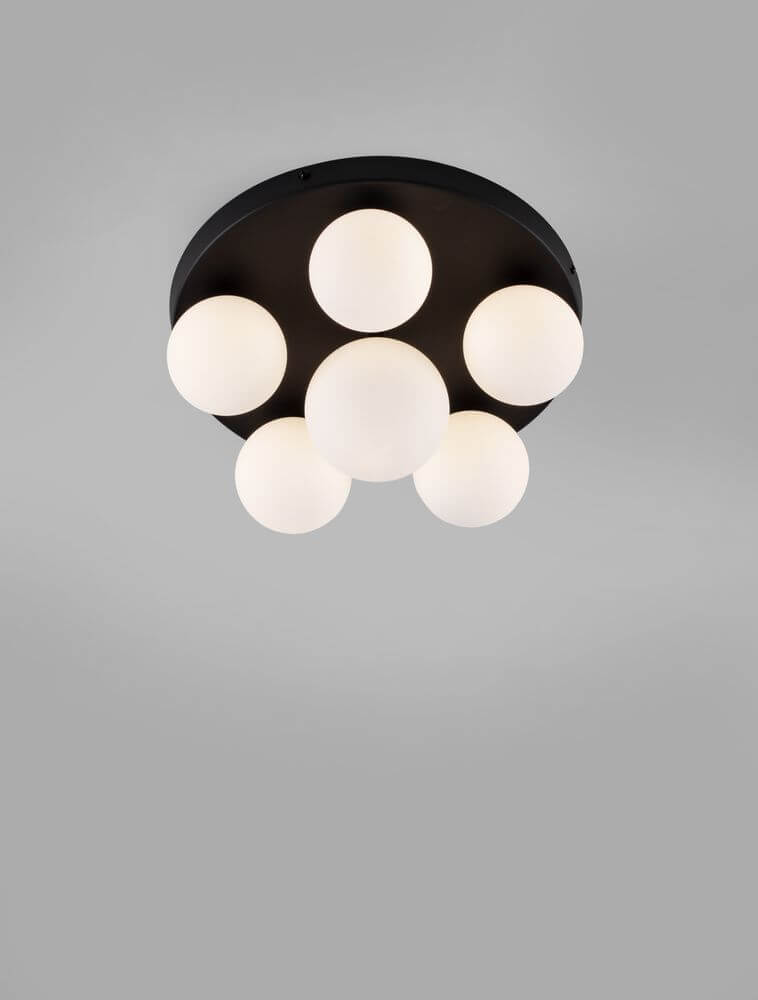 Edem Deckenleuchte 6-flammig Ø 35cm Schwarz, Weiß mit Milchglas Kugeln für eleganten Inneneinrichtung.