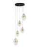 Egna Pendelleuchte 5-flammig Ø 45cm 3000K Gold mit fünf hängenden Opalglas-Lampen und goldenen Akzenten.