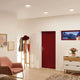 Modernes Wohnzimmer mit dimmbaren LED-Panels, rot gestrichener Tür und stilvoller Möbelkombi.