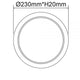 Technische Zeichnung eines LED-Panels mit Ø 230mm und Höhe 20mm, geeignet für Deckeneinbau.