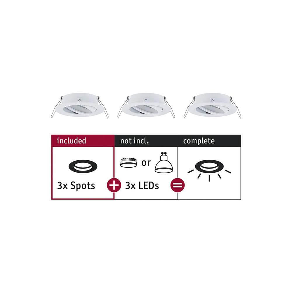 Einbauringe 3er Choose Basis-Set schwenkbar 50° Weiß-Matt mit 3 Spots und 3 LEDs, Lieferumfang dargestellt.