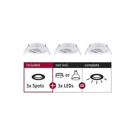 Recessed rings 3-piece Choose basic set, swiveling 50° white matt with 3 spots and 3 LEDs, scope of delivery shown.