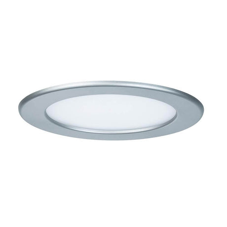 Einbaupanel LED rund 12W 4000K IP44 in runder, flacher Form mit silbernem Rand.