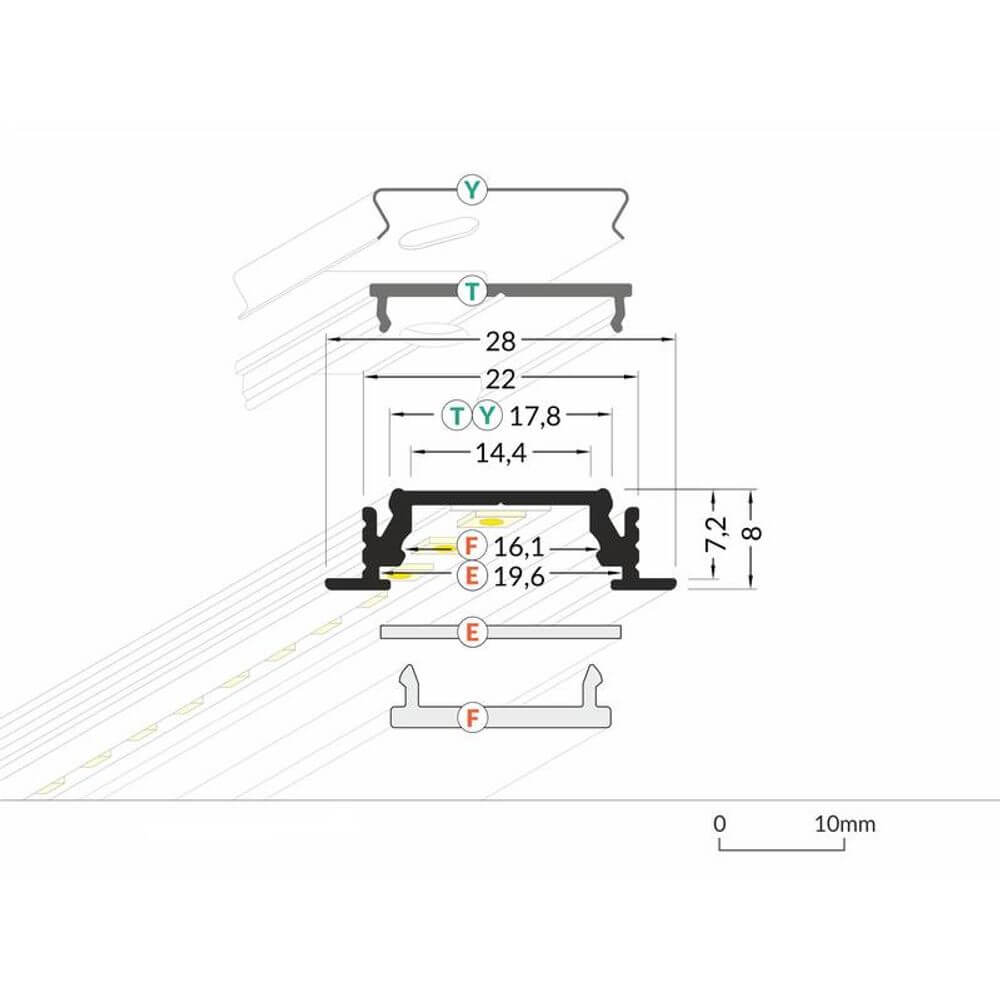 Einbauprofil flach 200cm Alu-eloxiert ohne Abdeckung für LED-Strips mit Maßen und Detailansicht.