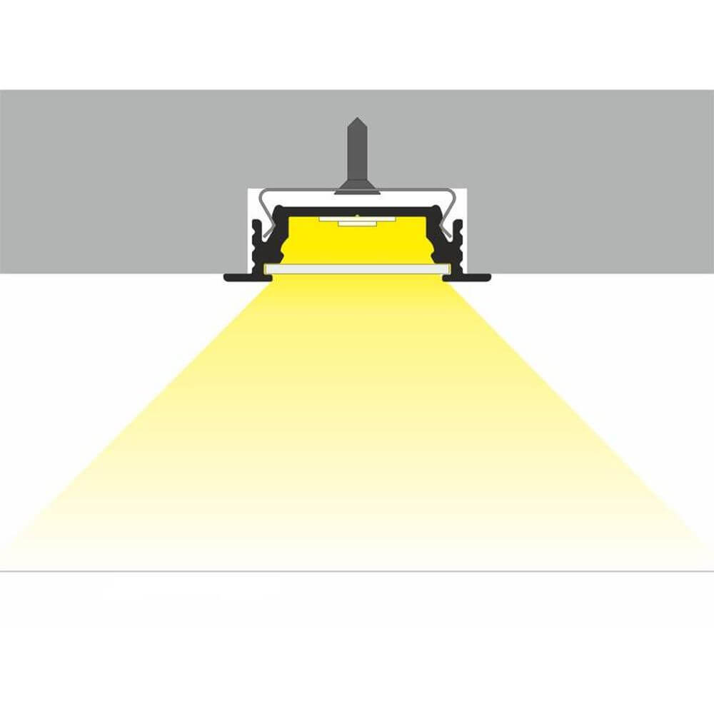 Einbauprofil flach 200cm Schwarz ohne Abdeckung für LED-Strips mit gelbem Lichtschein.