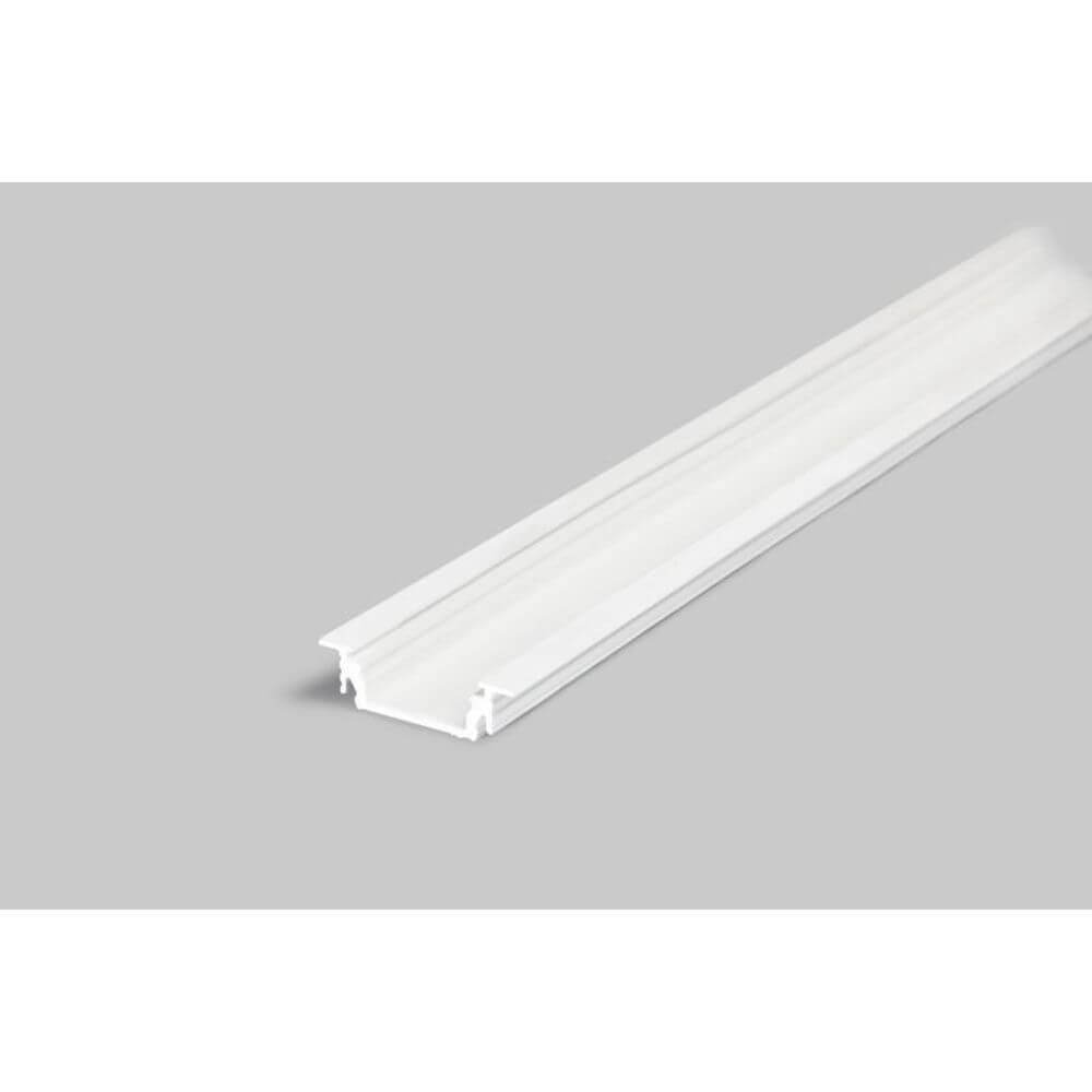 Einbauprofil flach 200cm Weiß ohne Abdeckung für LED-Strips auf grauem Hintergrund.