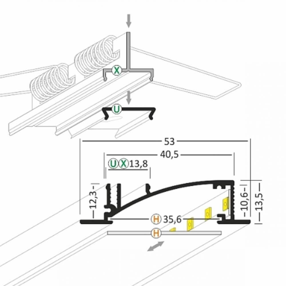 Einbauprofil geschwungen 200cm Weiß ohne Abdeckung für LED-Strips - technische Zeichnung mit Maßen