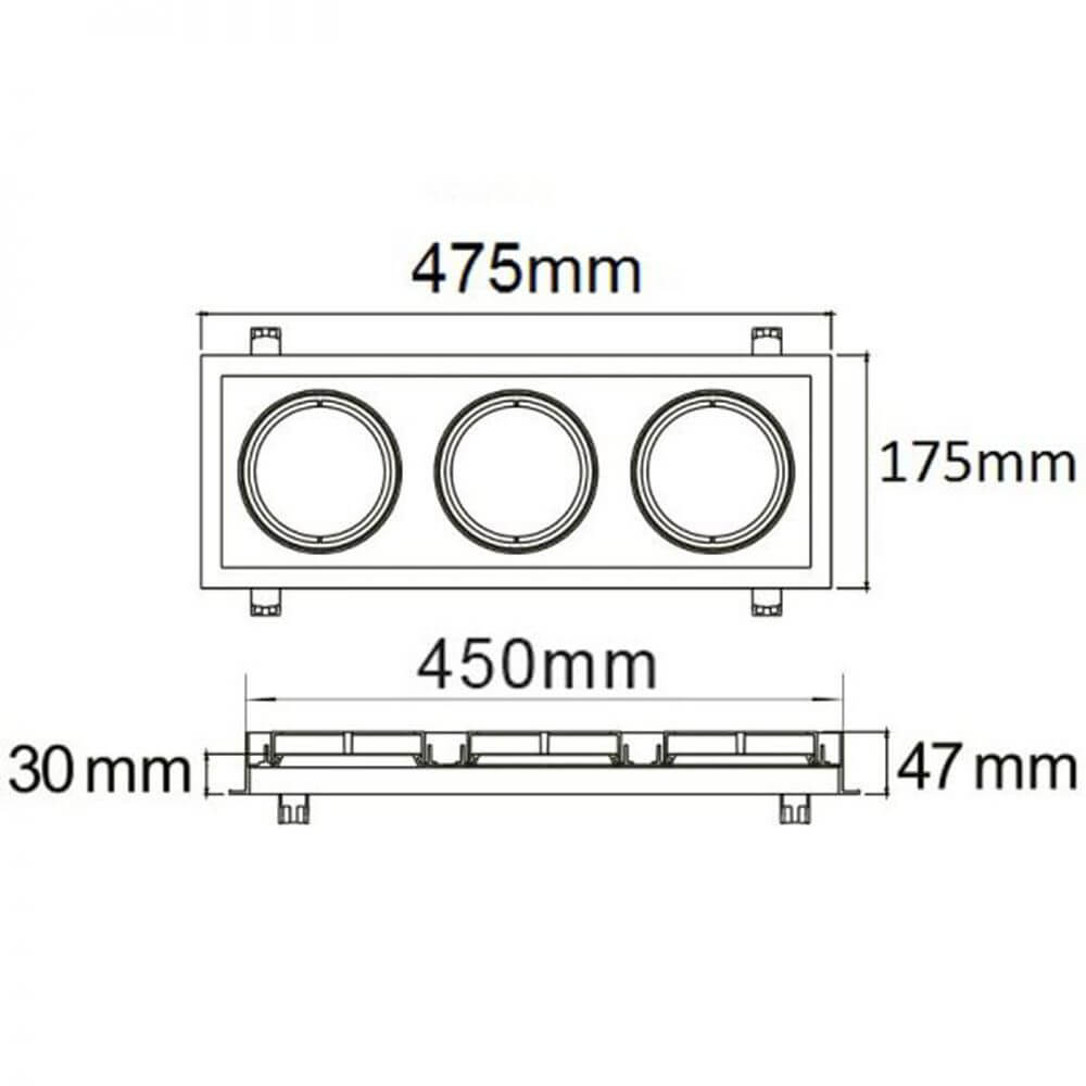 Technische Zeichnung des Einbaurahmen SHOP eckig & schwenkbar 3-fach 45cm weiß mit Abmessungen.
