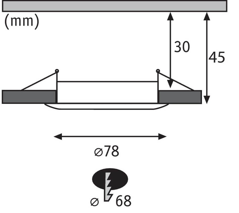 Einbaustrahler LED Nova rund 3-Stufen Dimmbar Weiß - Maßzeichnung mit Abmessungen 30mm und 45mm.