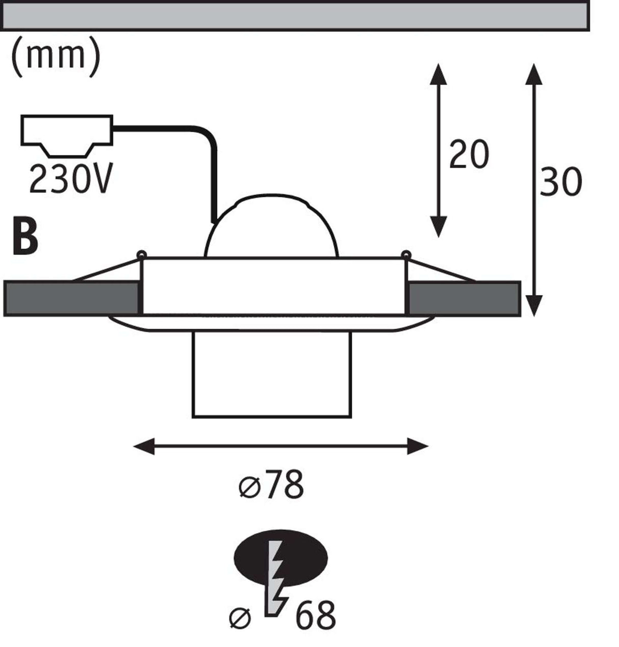 Einbaustrahler Nova starr mit E27 Fassung technische Zeichnung und Dimensionen für 230V-Direktanschluss