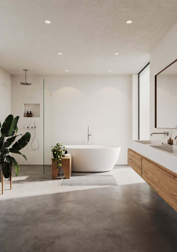 Einbaustrahler Sorina in modernem Badezimmer mit eleganter Badewanne und minimalistischer Einrichtung.