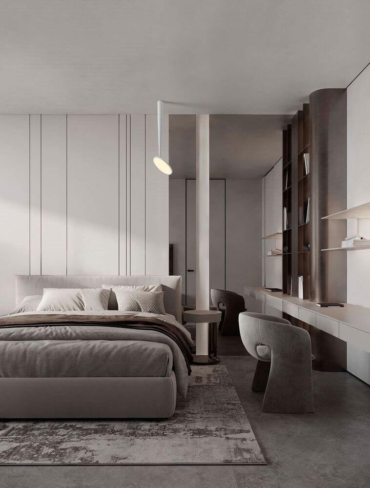 Ekei Deckenleuchte Ø 20cm 3000K in modernem Schlafzimmer-Design mit neutralen Farben.