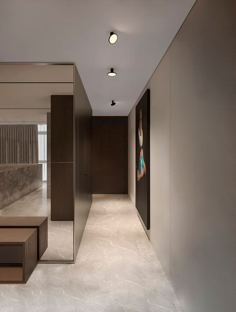 Ekei Deckenleuchte Ø 20cm Rund 3000K beleuchtet modernen Flur mit stilvollem Design und eleganter Einrichtung.