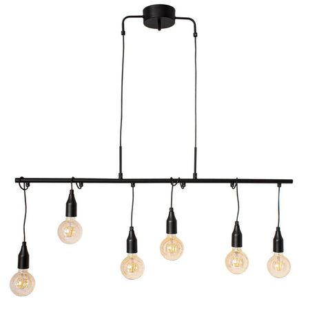 Suspension Skyline noire avec six ampoules, une structure en métal noir et des câbles réglables.