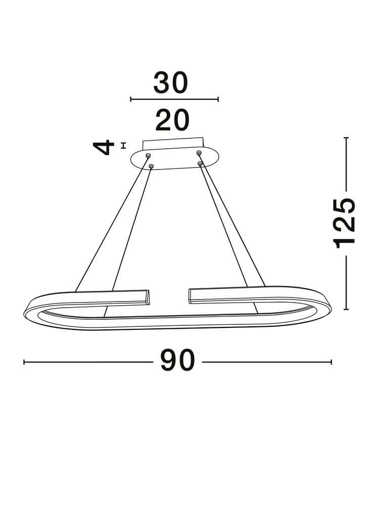 Elmo LED Pendelleuchte Ø 90cm 3500K Chrom technische Zeichnung mit Maßen in cm.