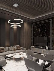 Elmo LED Pendelleuchte 2-flammig Ø 63cm 3500K Chrom in modernem Wohn- und Esszimmer über Sofa und Tisch