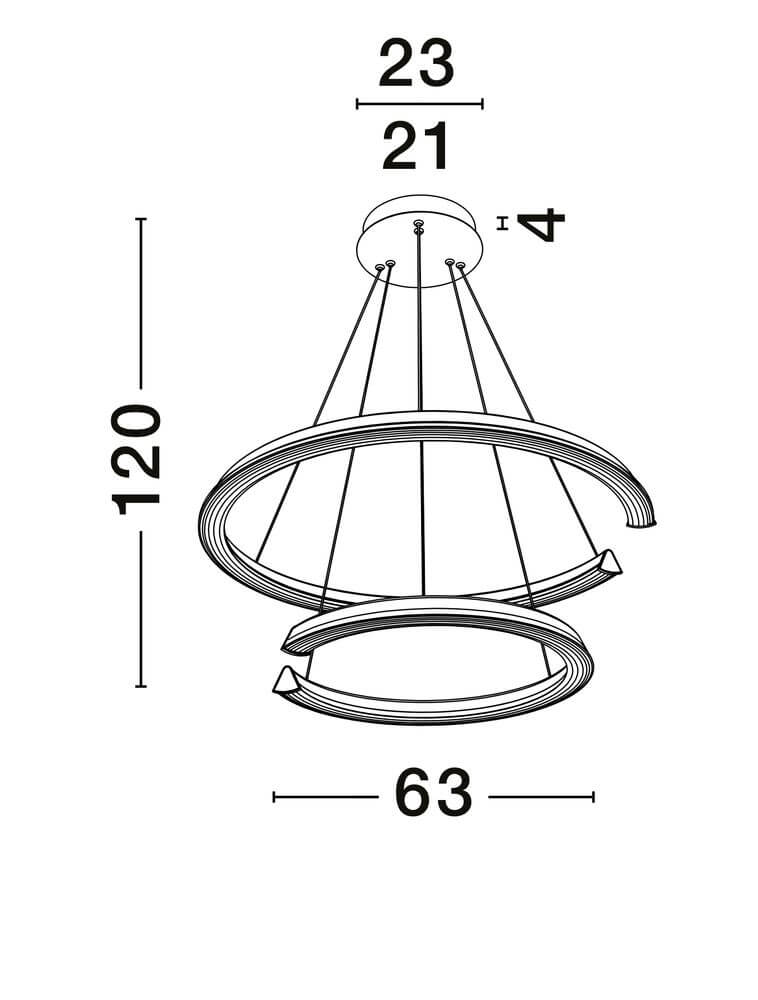Technische Zeichnung der Elmo LED Pendelleuchte 2-flammig Ø 63cm 3500K Chrom mit Abmessungen.