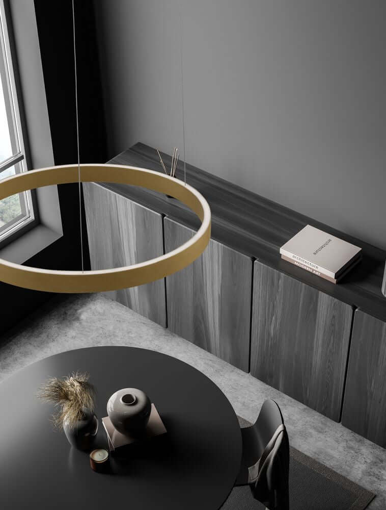 Elowen LED Pendelleuchte Ø 60cm 3000K Up & Down in modernem Wohnraum über einem Esstisch.