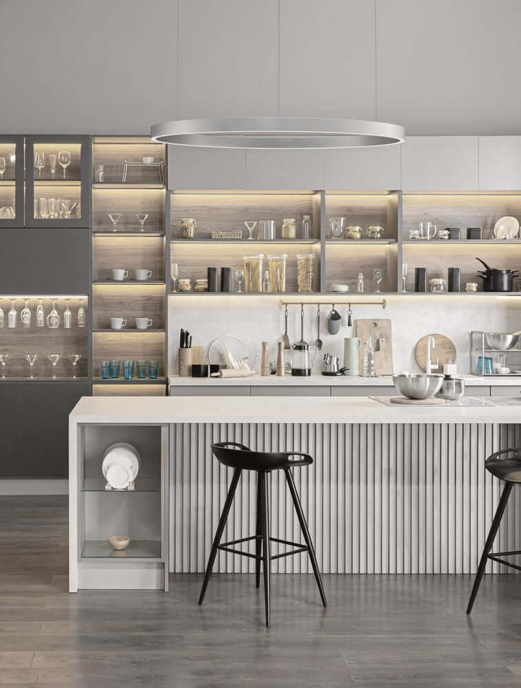 Moderne Küche mit Elowen LED Pendelleuchte Ø 98cm 3000K Up & Down, stilvolles Design und hochwertige Verarbeitung