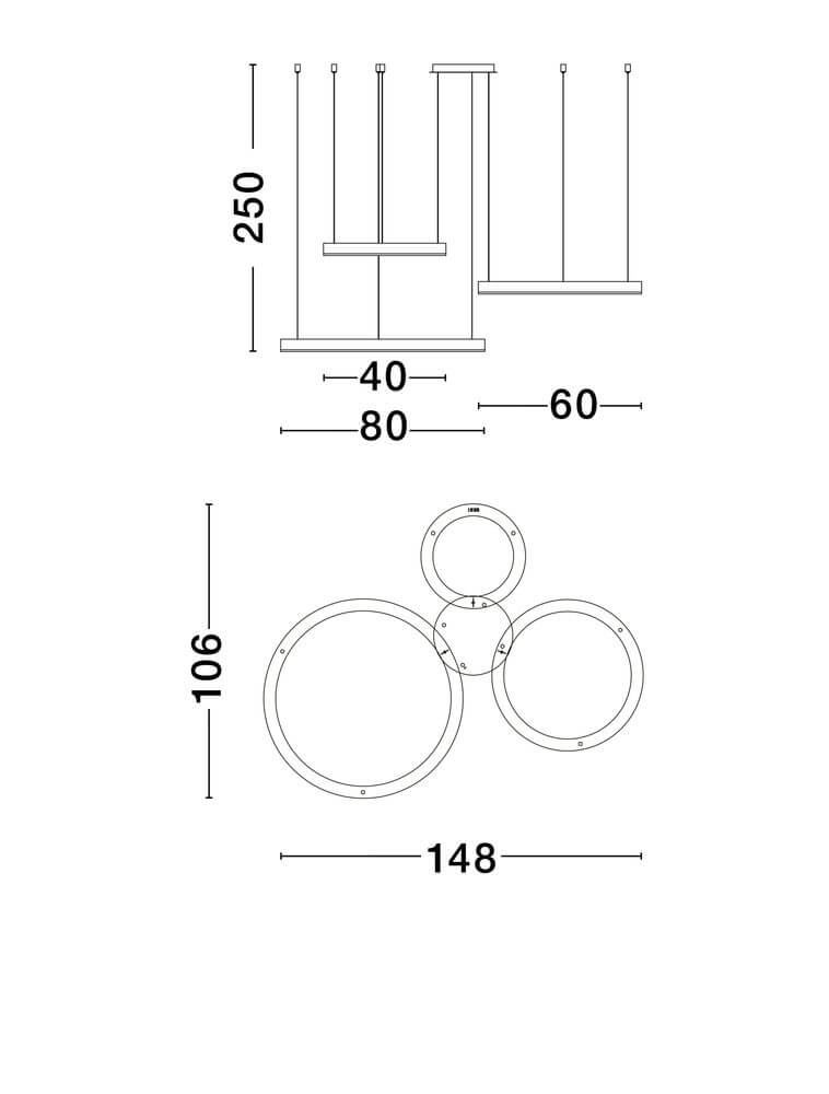 Abmessungen der Elowen LED Pendelleuchte 3-flammig 3000K Up & Down von Nova Luce, zeichnerische Darstellung.