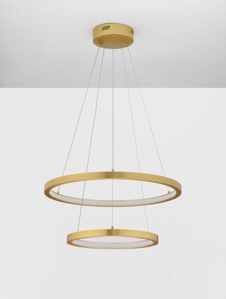 Empatia LED Pendelleuchte 2-flammig Ø 60cm 3000K mit modernem Design und doppelt-rundem Gold-Gestell.
