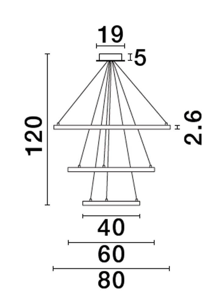 Technische Zeichnung der Empatia LED Pendelleuchte 3-flammig Ø 80cm 3000K mit Maßen.