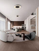 Epos Deckenleuchte Ø 60cm 2700, 4000K in modernem Wohnzimmer in Schwarz und Gold, Aluminiumrahmen und lichtstreuendes Acryl