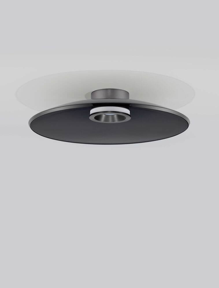 Esti LED Deckenleuchte Ø 50cm 3000K in modernem Design mit schwarzem und transparentem Gehäuse.