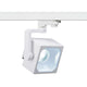 Dreh- und schwenkbarer Euro Cube LED-Strahler mit 3Phasen-Adapter, weiß, für Ladenbau und Messebau.