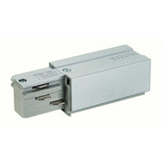 Alimentation Eutrac à droite gris argent pour système de rails apparents haute tension triphasé.