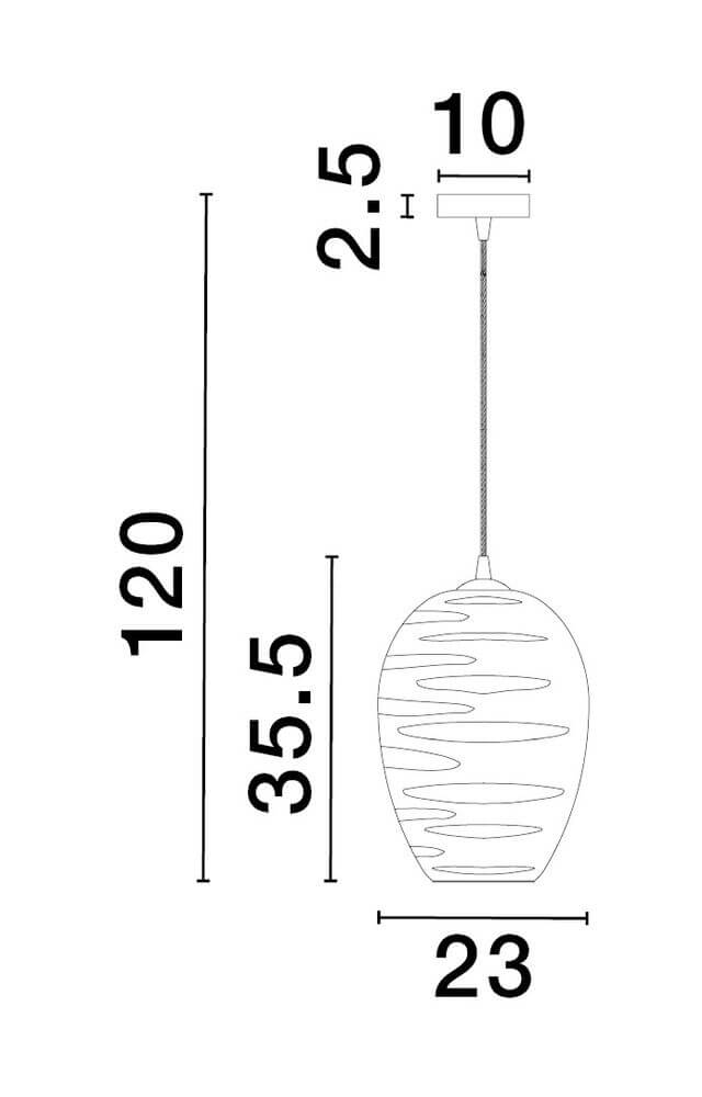 Technische Zeichnung der Evleen Pendelleuchte Ø 23cm Schwarz, Grau mit Maßangaben.