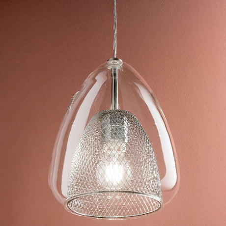 Britton Glas-Pendellampe mit Metall-Gitter in stilvollem Design mit verchromtem Gitter-Inlay.