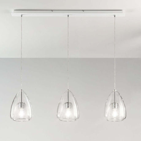 Britton Pendelleuchte 3-Flammig mit modernem Glasdesign und verchromtem Gitter-Inlay.