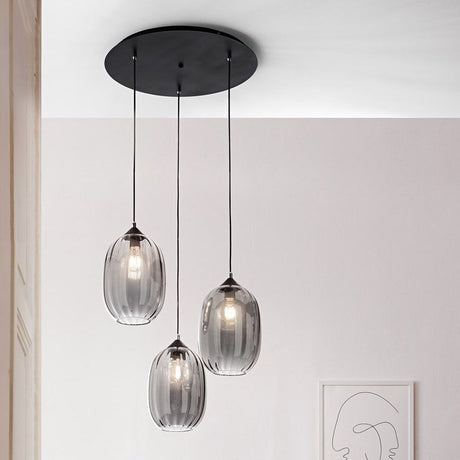 Infinity Pendelleuchte 3-flammig Aufhängung mit geblasenem Rauch-Glas und edler Optik.