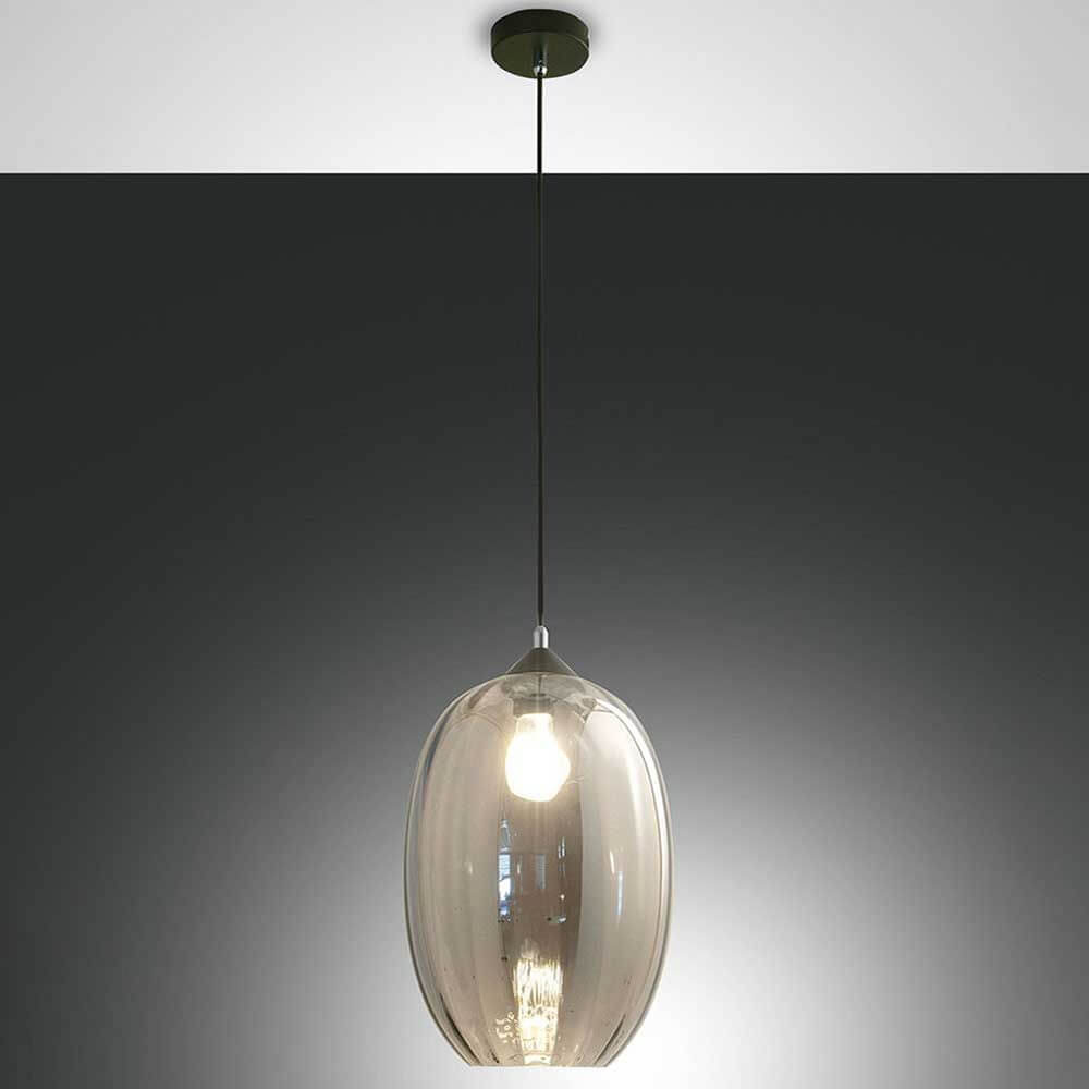 Infinity Pendelleuchte in Grau, elegante Glasleuchte mit modernem Design und warmem Licht.