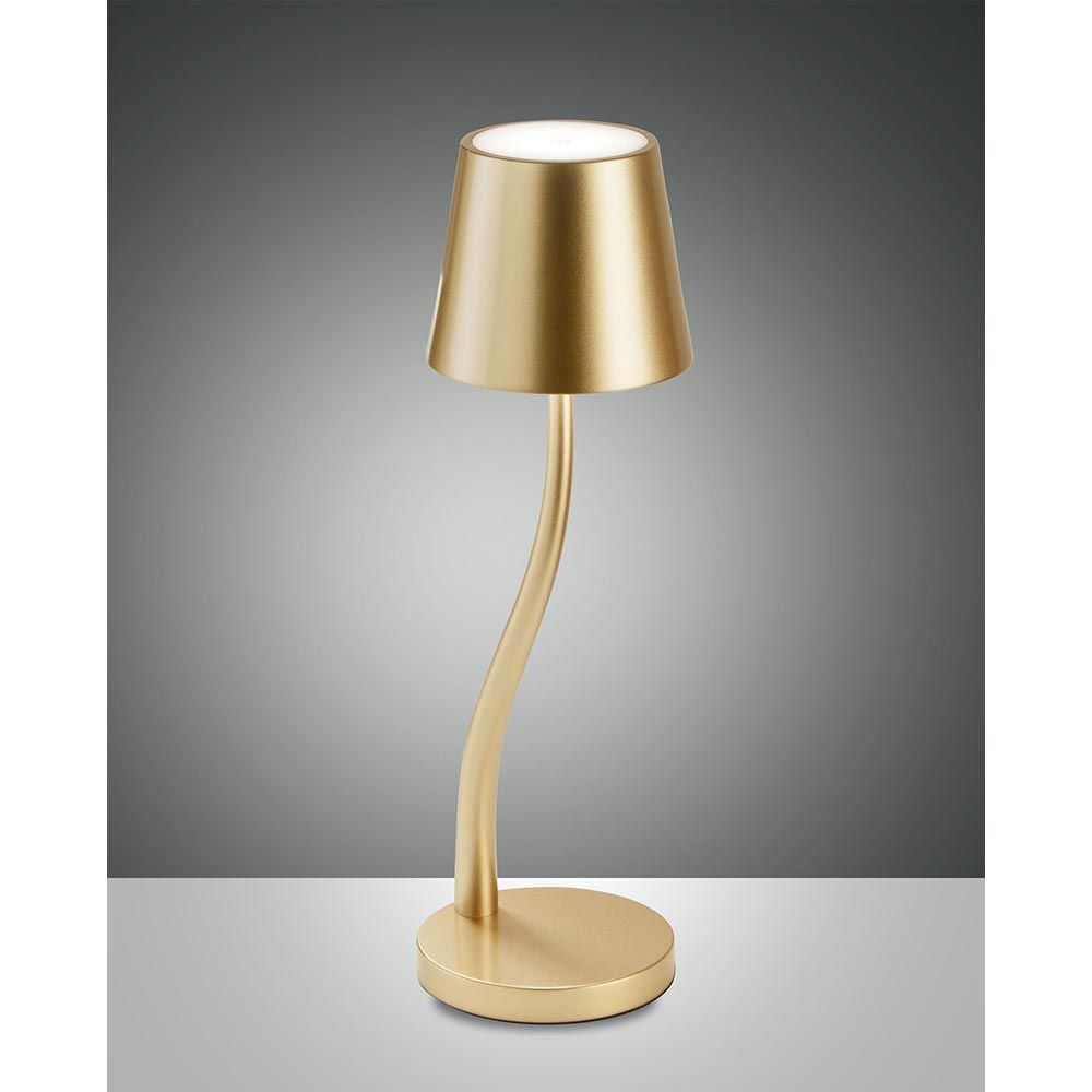 Judy LED Akku-Tischlampe mit Touch-Dimmer in Gold, dimmbar und IP54, elegant und kippsicher.