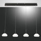LED Pendelleuchte Arabella 4-flammig mit vier weißen Schirmen und schwarzem Metallgestell.