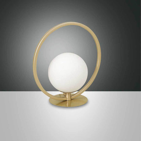 LED Tischlampe Sirio Rund in modernem Design mit goldenem Rahmen und kugelförmigem Leuchtmittel.