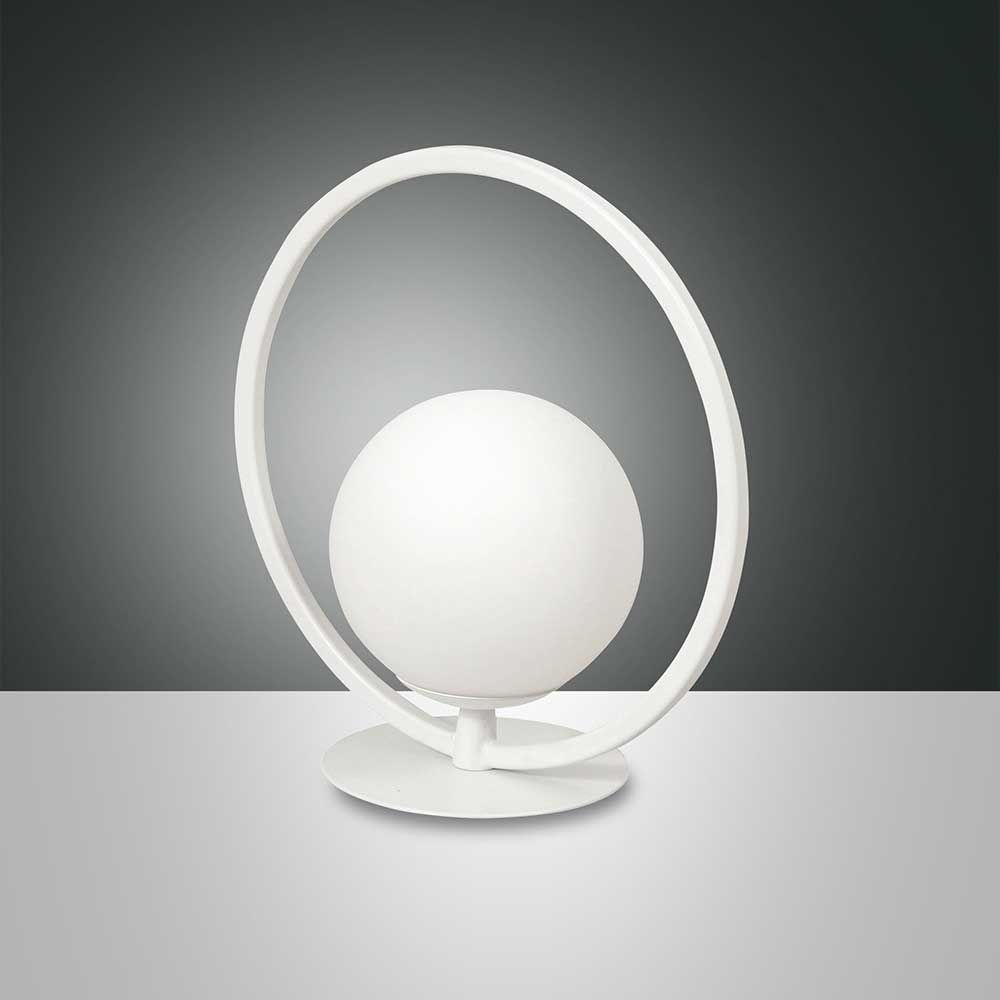 Moderne LED Tischlampe Sirio Rund in Weiß, skulpturaler Look mit Kugel und Ring, ideal für stilvolle Beleuchtung.
